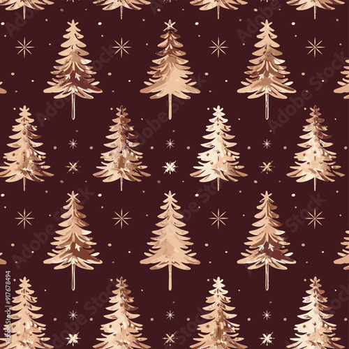 Seamless pattern with gold foil Christmas trees and snowflakes on a burgundy background Ideal for festive wrapping paper cards and digital designs
