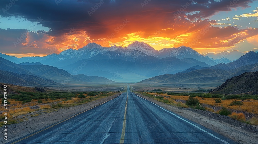 A road stretches out towards a mountain range bathed in the golden hues of a sunset. A road stretches out towards a mountain range bathed in the golden hues of a sunset.