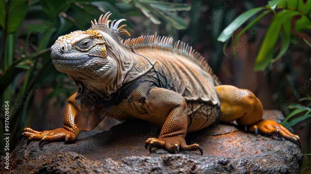 Close-up of a Majestic Orange Iguana Perched on a Rock in a Lush Green Tropical Habitat Surrounded by Foliage Close-up of a Majestic Orange Iguana Perched on a Rock in a Lush Green Tropical Habitat Surrounded by Foliage