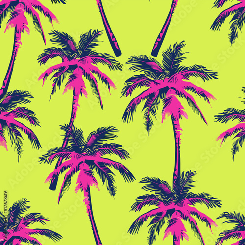 A vibrant seamless pattern featuring pink and blue palm trees against a bright yellow background creating a tropical and summery design
