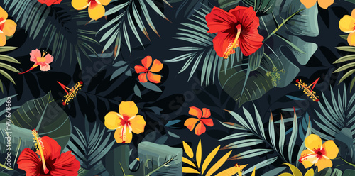 Seamless tropical pattern with vibrant hibiscus flowers palm leaves and lush foliage on a dark background perfect for textile wallpaper or packaging design