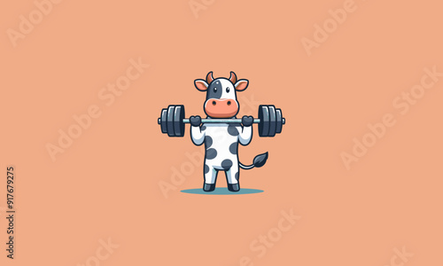character cow holding dumbbell vector mascot design