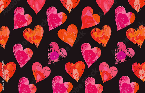 Watercolor heart seamless pattern A repeating pattern of vibrant watercolor hearts in various shades of pink and red against a black background Ideal for Valentines Day romantic projects or any design