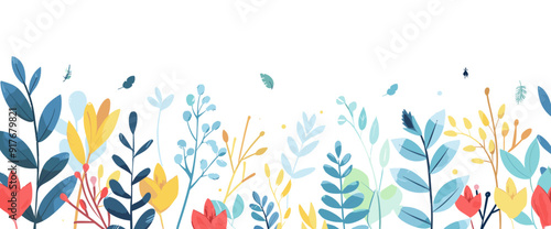 A whimsical illustration featuring colorful flowers and leaves on a white background The artwork has a flat and stylized design creating a cheerful and uplifting mood