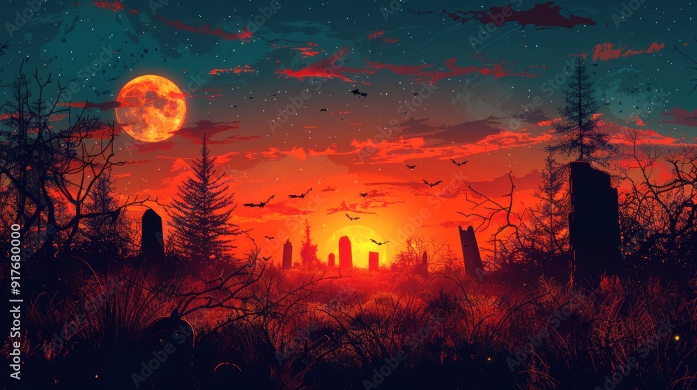 Spooky Halloween Sunset in a Graveyard Spooky Halloween Sunset in a Graveyard