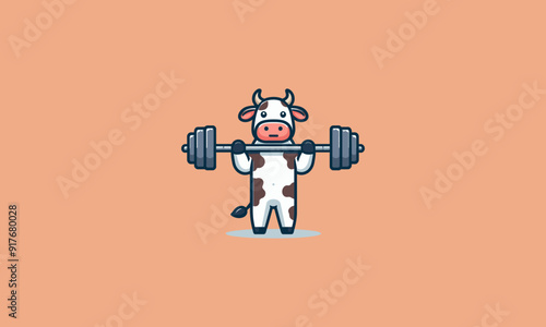 character cow holding dumbbell vector mascot design