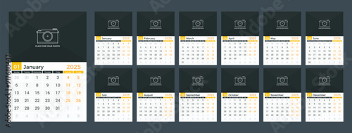 2025 Calendar template, week starts on Monday, a3 size, place for your photo, vector eps10 illustration