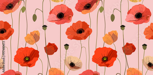 A delicate seamless pattern of red poppy flowers, with pink and orange hues, on a pale pink background. Ideal for textile design, wallpapers, and stationery.