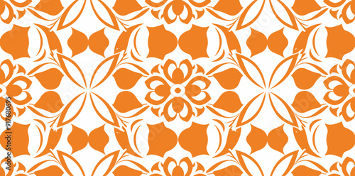 Seamless pattern of orange floral designs on white background.