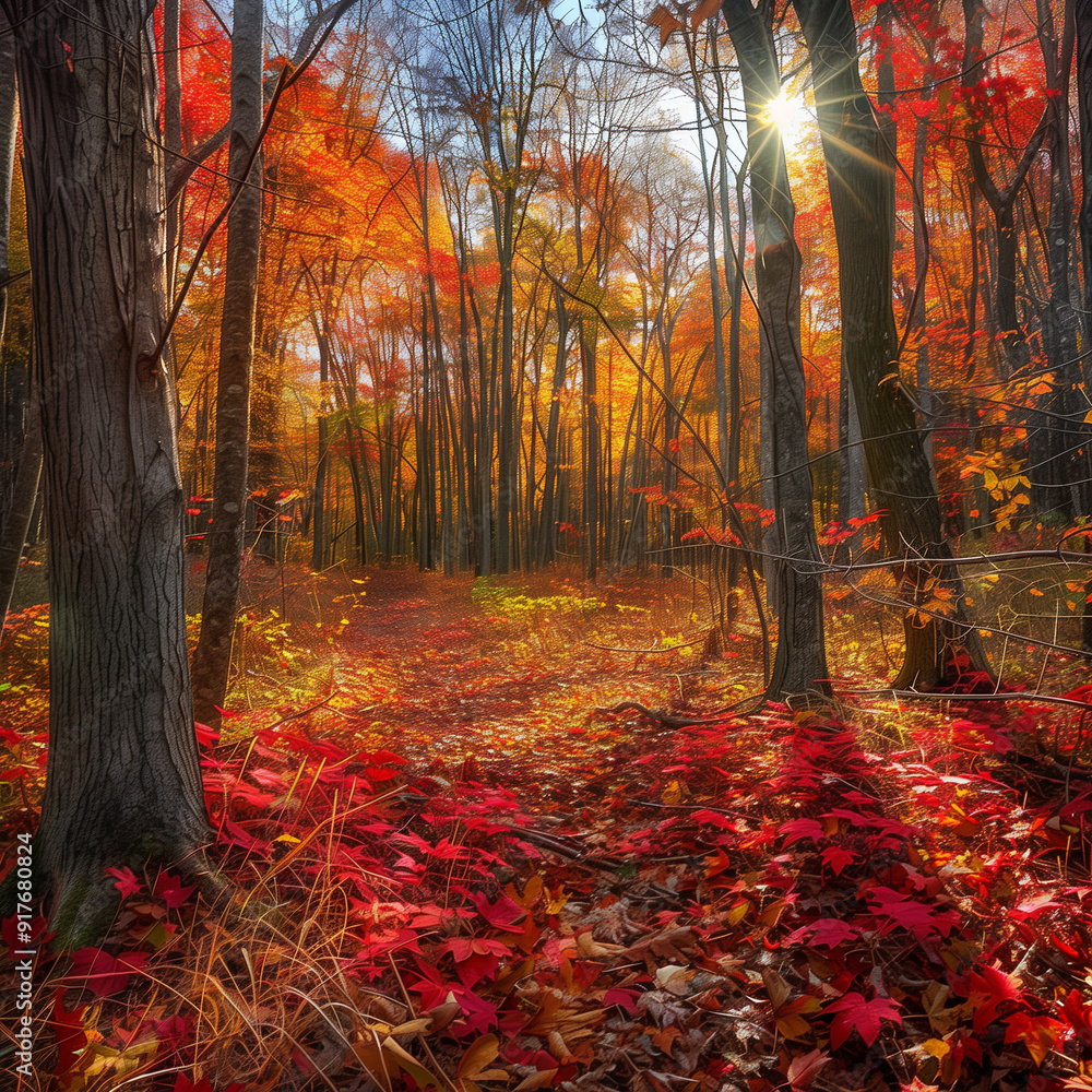 Fototapeta premium A wide-angle shot of a dense forest in full autumn colors