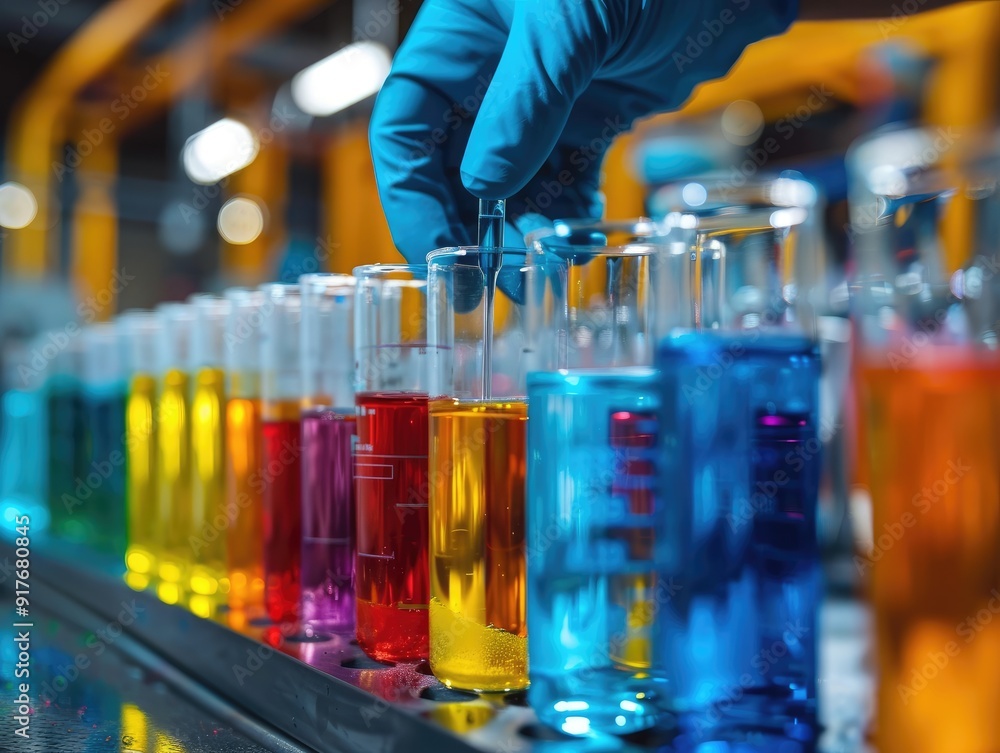 A gloved hand reaches for a test tube filled with blue liquid, surrounded by a row of colorful liquids in test tubes. A gloved hand reaches for a test tube filled with blue liquid, surrounded by a row of colorful liquids in test tubes.