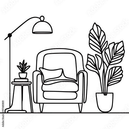 Continuous one line drawing fantastic stylish sofa with lamp plant vector illustration generated Ai