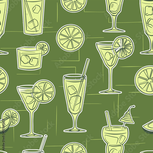 Seamless pattern with cocktails and lemons on green background Colorful design with various types of drinks like margaritas daiquiris and highball glasses Perfect for bar menus restaurant decorations 