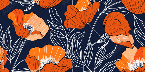 Seamless pattern with orange flowers and white leaves on a dark blue background. This pattern can be used for textile, wallpaper, or any surface design.