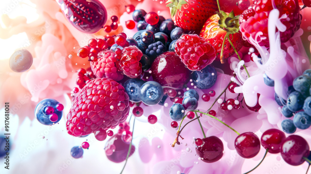 Berry mix in a stylish thick colored smoke. Ingredients for smoothies. Delicious summer berries of raspberries, strawberries, cherries, blueberries, red currants and blackberries Berry mix in a stylish thick colored smoke. Ingredients for smoothies. Delicious summer berries of raspberries, strawberries, cherries, blueberries, red currants and blackberries