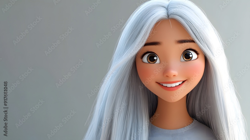 Cartoon girl with long white hair smiling. Cartoon girl with long white hair smiling.