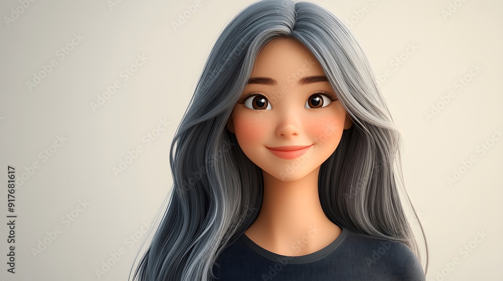 Cartoon Girl Portrait With Long Grey Hair. Cartoon Girl Portrait With Long Grey Hair.