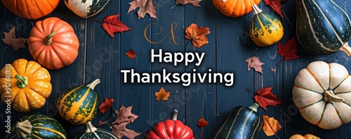 Vibrant Happy Thanksgiving greeting with an array of pumpkins, squash, and leaves on a dark wood background, highlighting the festive spirit.