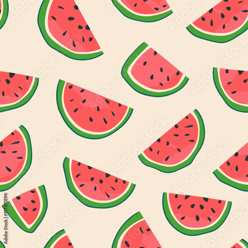 A repeating pattern of watermelon slices on a cream background The slices are red with black seeds and a green rind This bright and cheerful design is perfect for summer-themed projects