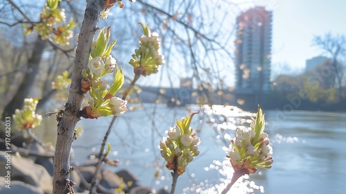 Spring tree buds growing in front of the richmond tower that over the river photo