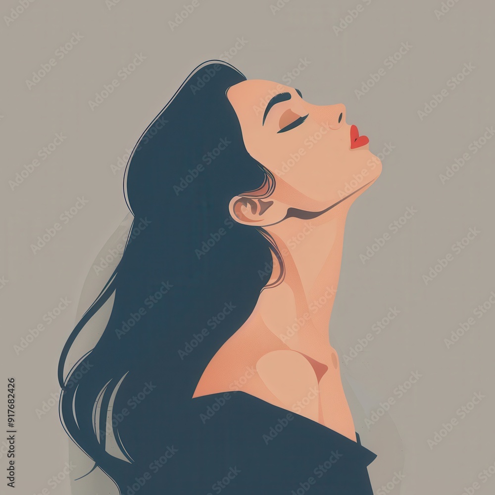 Minimalistic illustration of a serene woman with closed eyes and flowing hair, capturing elegance and tranquility in a contemporary style. Minimalistic illustration of a serene woman with closed eyes and flowing hair, capturing elegance and tranquility in a contemporary style.