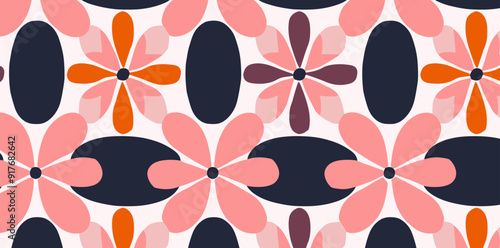 Abstract floral pattern with overlapping pink orange and purple flower shapes on a white background. The pattern is perfect for a variety of uses including textile design wallpaper and packaging