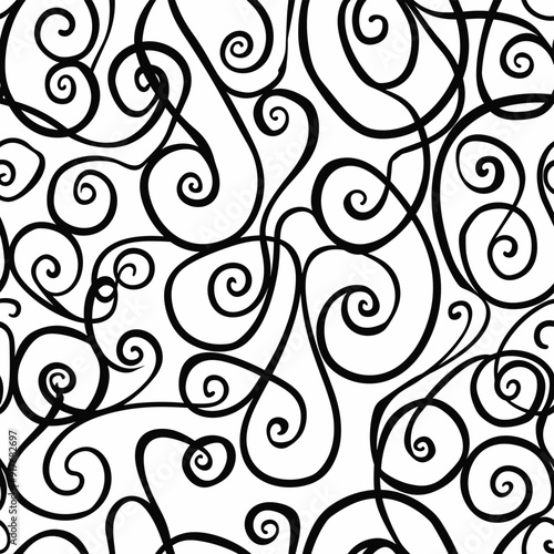 Abstract seamless pattern with black swirls and curls on white background. Perfect for fabric, wallpaper, wrapping paper, and digital designs.