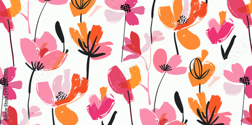 Abstract floral pattern with pink and orange flowers on a white background The flowers are painted in a loose gestural style creating a modern and energetic design This seamless pattern is perfect for