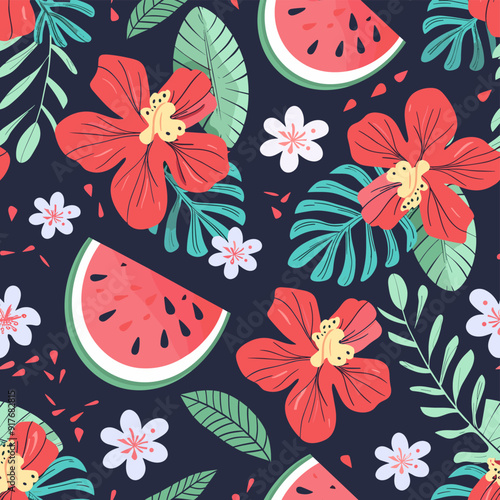 Seamless tropical pattern with hibiscus flowers, watermelon slices and leaves on a dark blue background. This vibrant design is perfect for creating summery prints, fabrics, packaging, and more.