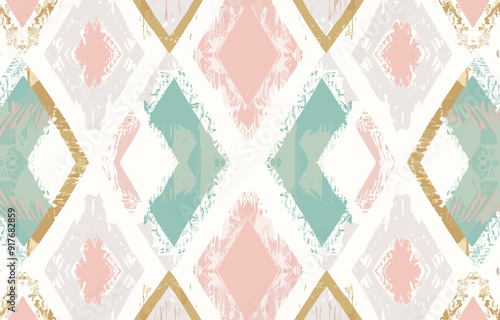 Abstract geometric pattern with gold, pink, and turquoise diamond shapes on a white background. The pattern is seamless and repeats.
