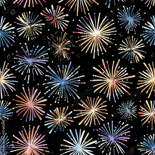 Seamless pattern of colorful fireworks exploding in the night sky. Perfect for festive celebrations and holiday designs.