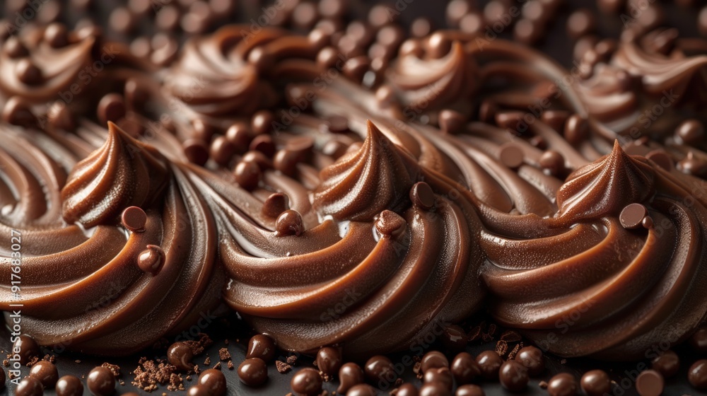 A close-up of rich, creamy chocolate topping with chocolate sprinkles. A close-up of rich, creamy chocolate topping with chocolate sprinkles.