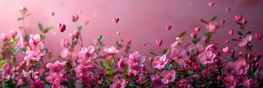 Fototapeta premium Pink Cherry Blossoms with Floating Hearts