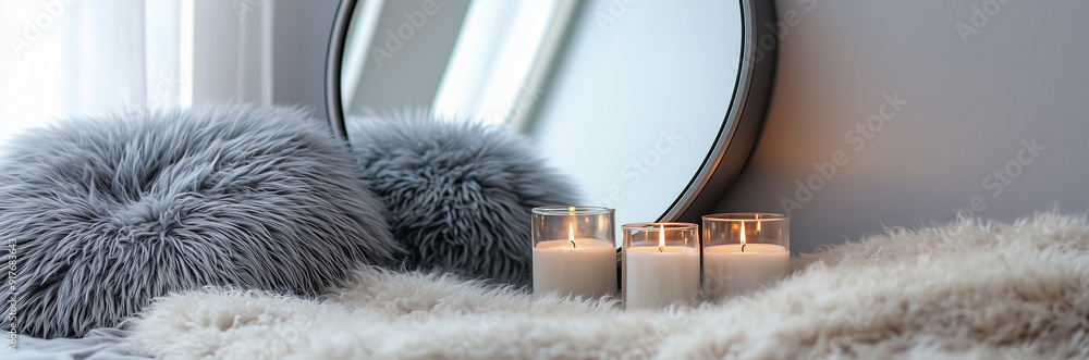 Cozy home decor with mirror, decorated pillows and candles, banner for home decoration Cozy home decor with mirror, decorated pillows and candles, banner for home decoration
