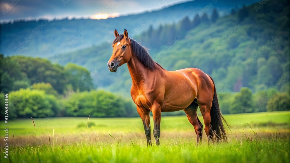 Fototapeta premium Majestic brown horse standing in a lush green field , equine, animal, nature, farm, countryside, rural, grazing, mammal