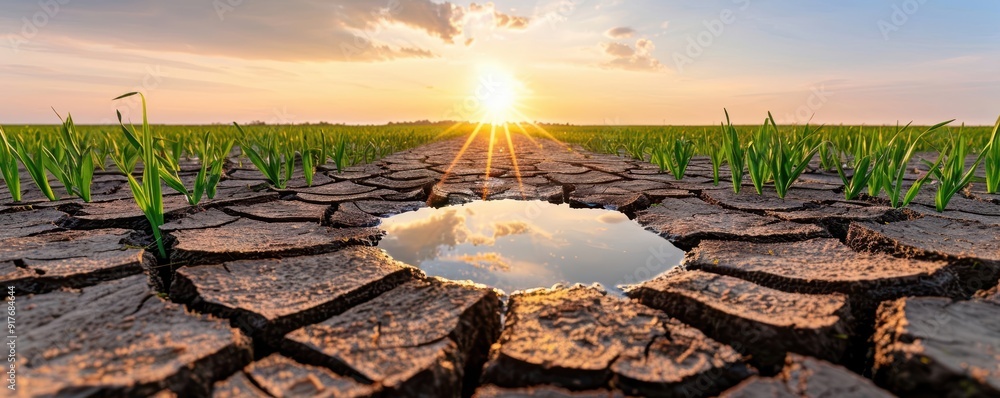 custom made wallpaper toronto digitalA drought-affected landscape with cracked earth and a small water pool reflecting the sunset, symbolizing climate challenges.