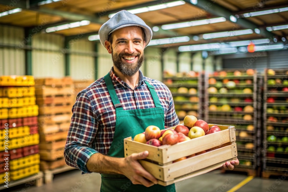A man wearing a hat and apron is holding a crate of apples A man wearing a hat and apron is holding a crate of apples