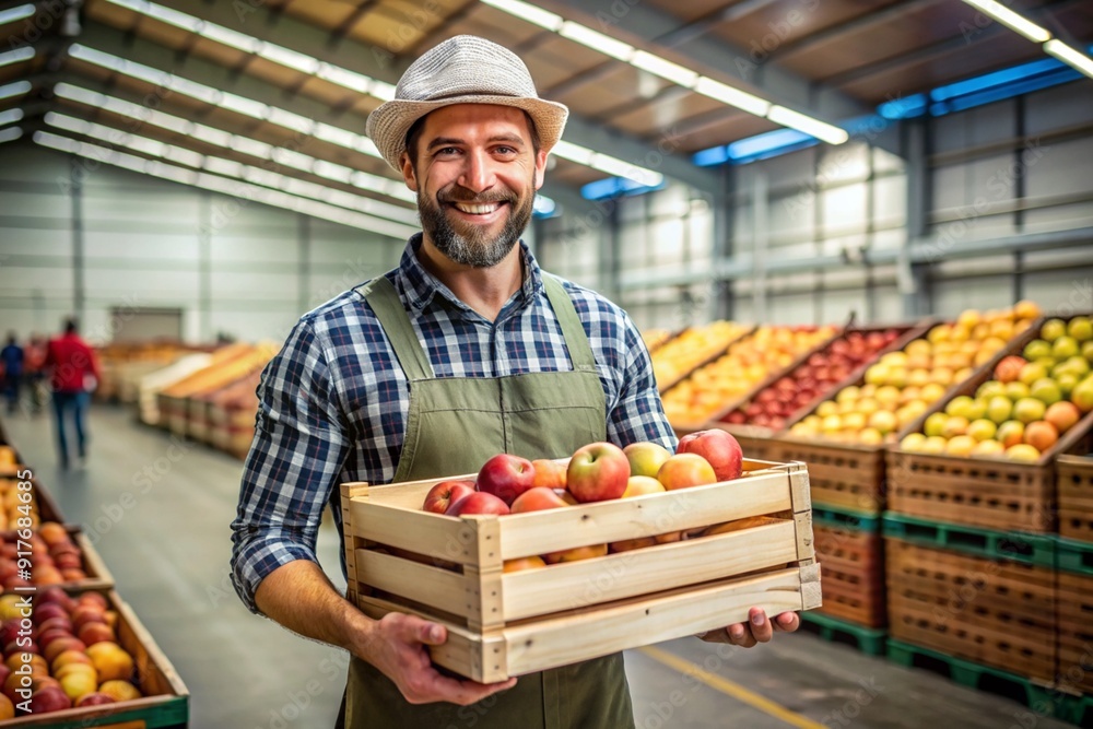 A man wearing a hat and apron is holding a crate of apples A man wearing a hat and apron is holding a crate of apples