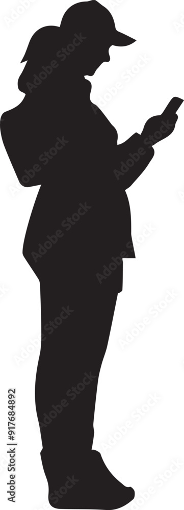 Silhouette of a woman tourist in a cap with a backpack and a smartphone on a transparent background Silhouette of a woman tourist in a cap with a backpack and a smartphone on a transparent background