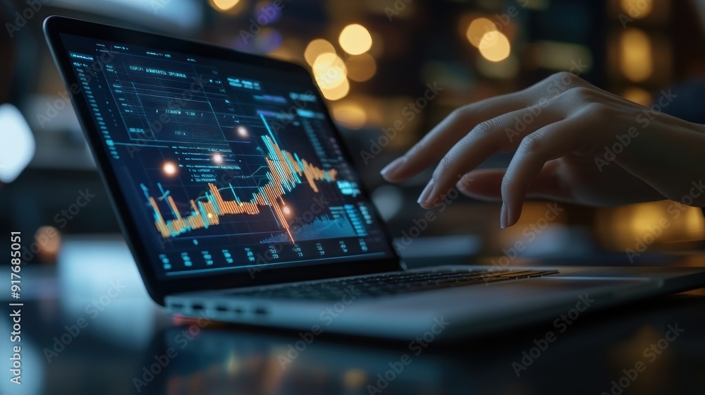 Close-up of a Hand Interacting with Financial Data on Laptop Screen Close-up of a Hand Interacting with Financial Data on Laptop Screen