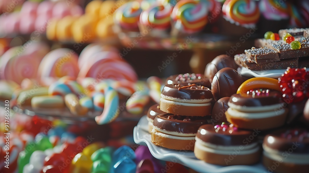 A close-up view of a candy buffet featuring an array of chocolates, candies, and confections, inviting indulgence and delight during the month dedicated to sweet treats, in vibrant A close-up view of a candy buffet featuring an array of chocolates, candies, and confections, inviting indulgence and delight during the month dedicated to sweet treats, in vibrant