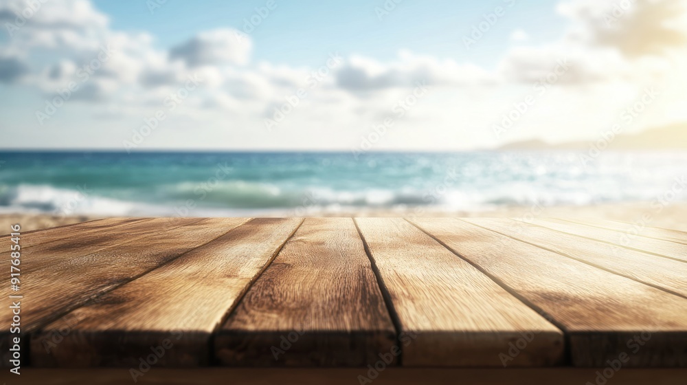 Wooden Tabletop with Blurred Beach and Ocean Background Wooden Tabletop with Blurred Beach and Ocean Background