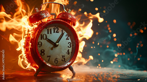 A burning alarm clock symbolizing lack of time and deadline