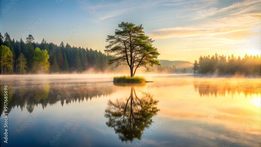Obraz premium Lonely tree standing in the foggy forest on the edge of a calm lake at sunrise , Solitude, Nature, Mist, Trees, Lake