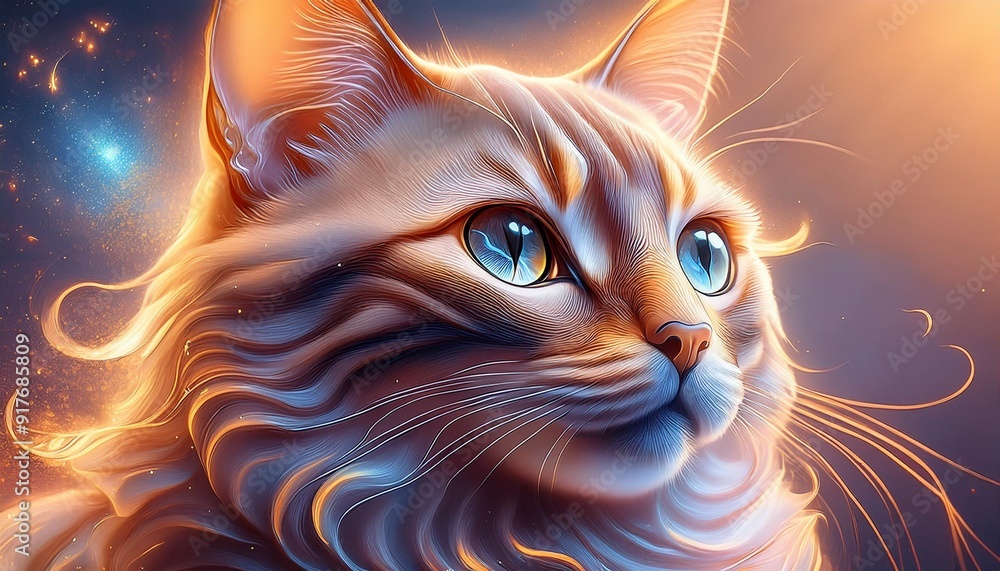 青い目の猫、幻想的、光の反射、輝く毛並み、神秘的な雰囲気、夢幻的、かわいい動物、ソフトフォーカス、オレンジと青の光 青い目の猫、幻想的、光の反射、輝く毛並み、神秘的な雰囲気、夢幻的、かわいい動物、ソフトフォーカス、オレンジと青の光