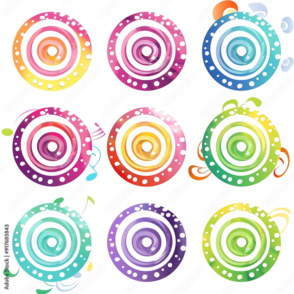 Colorful soundwave symbols with polka dot swirls Circular forms on white, vector graphic design.. Colorful soundwave symbols with polka dot swirls Circular forms on white, vector graphic design..