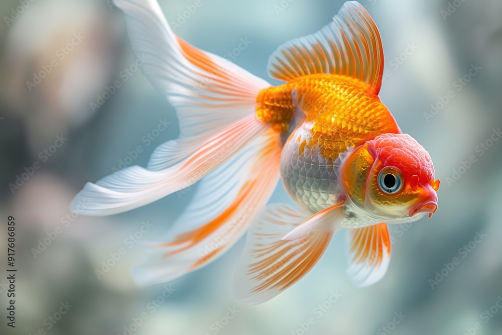 A single goldfish with orange and white fins swims in a freshwater aquarium. A single goldfish with orange and white fins swims in a freshwater aquarium.