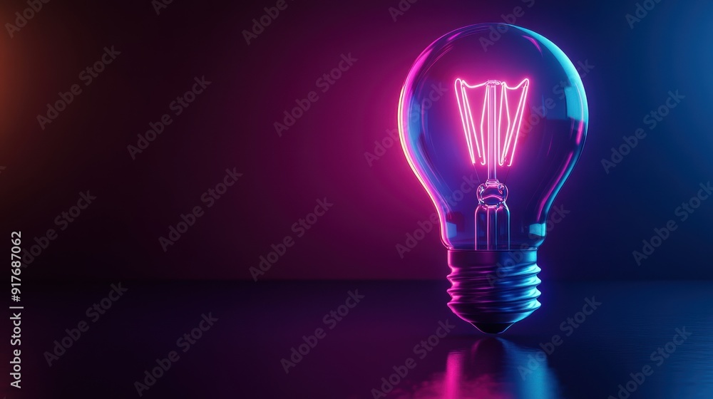 Illuminated Light Bulb with Pink and Blue Neon Glow on Dark Background Illuminated Light Bulb with Pink and Blue Neon Glow on Dark Background