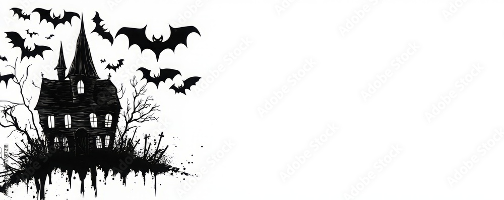 A spooky silhouette of a haunted house with bats flying overhead, perfect for Halloween-themed designs and illustrations. A spooky silhouette of a haunted house with bats flying overhead, perfect for Halloween-themed designs and illustrations.