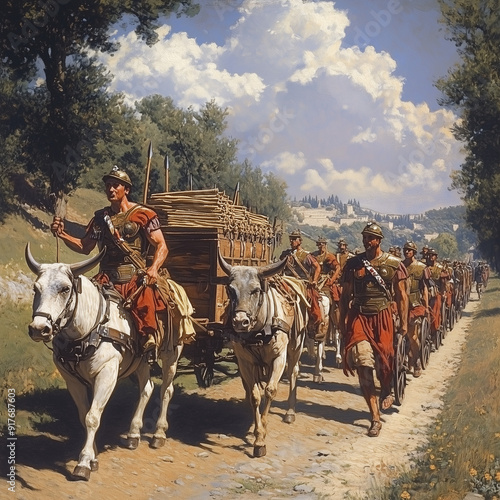 Roman legionnaires marching alongside ox-drawn carts on the Appian Way 
